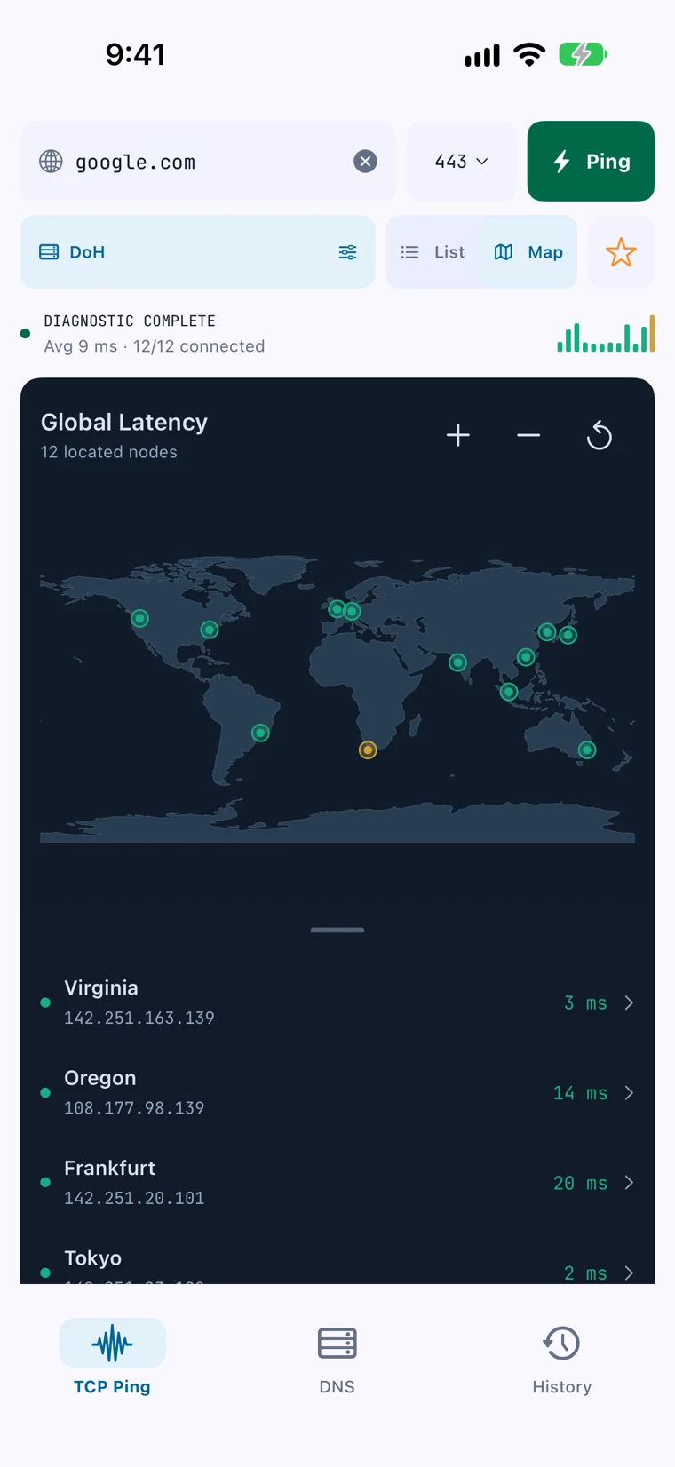 TCP Ping global latency map with regional probe results
