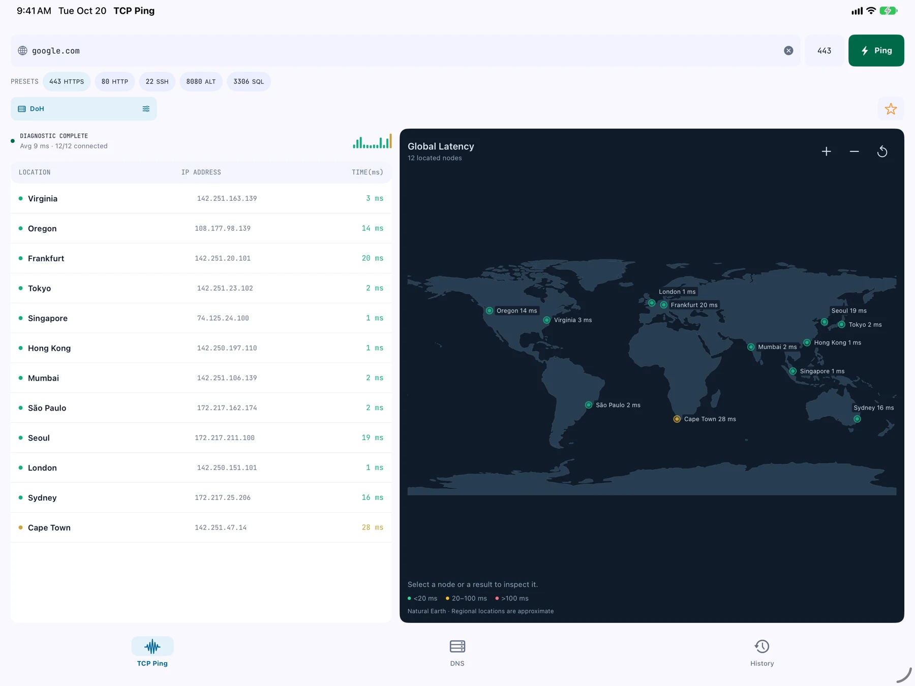TCP Ping on iPad showing the global latency map alongside regional connection results